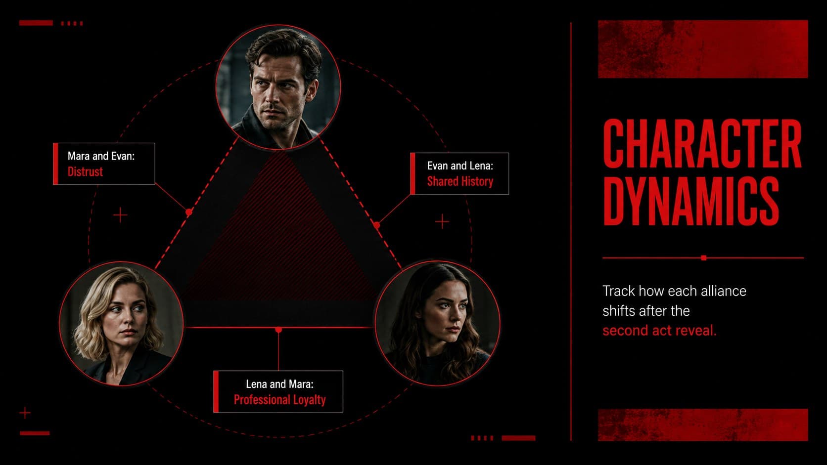 Screenplay discussion deck slide mapping tension, trust, and shared history between three characters.