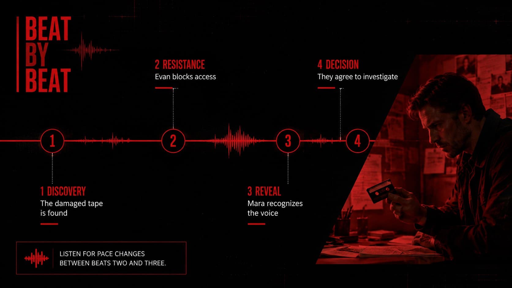 Table read beat breakdown slide charting discovery, resistance, reveal, and decision.