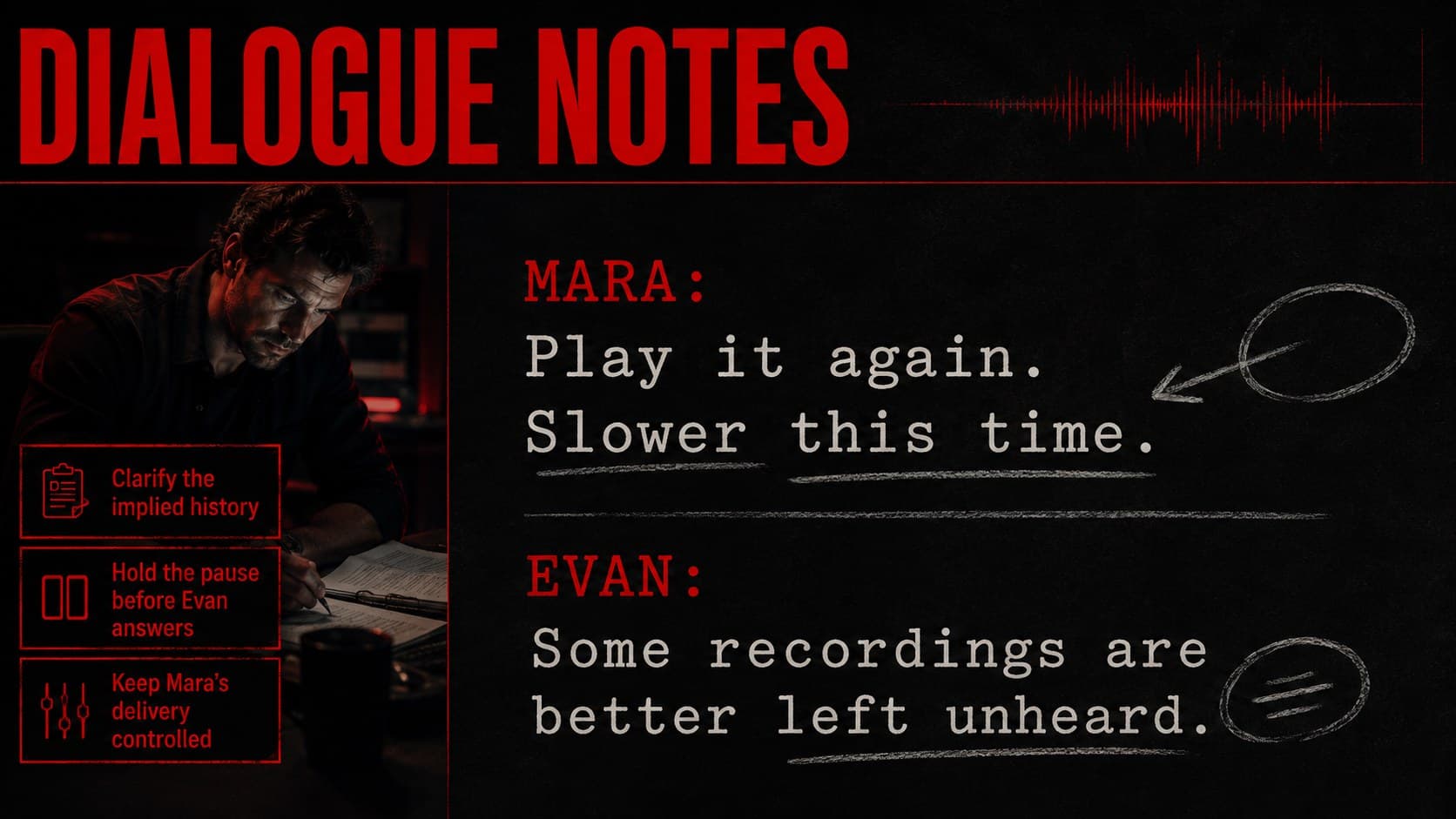 Script read-through presentation slide with dialogue notes for clarity, subtext, rhythm, and pauses.