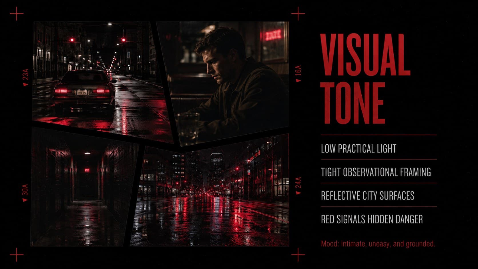 Cinematic rehearsal meeting deck slide presenting visual references for light, texture, framing, and atmosphere.