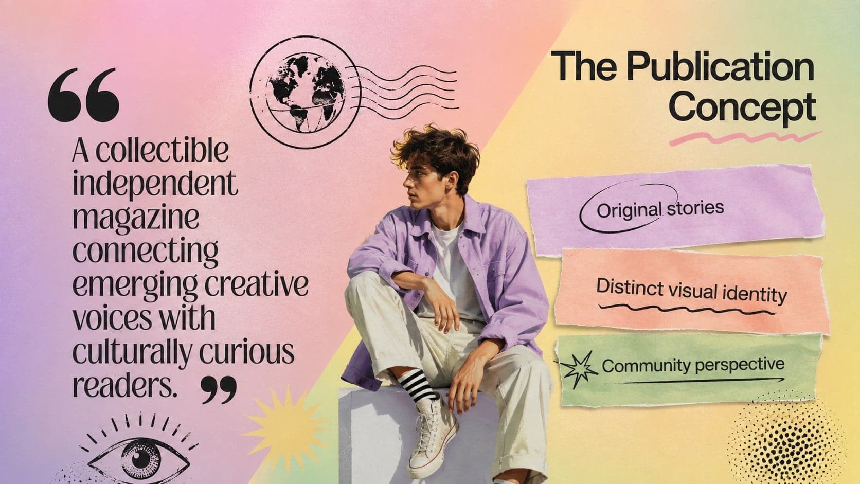 Editorial concept slide outlining the mission and positioning of an independent magazine business plan.