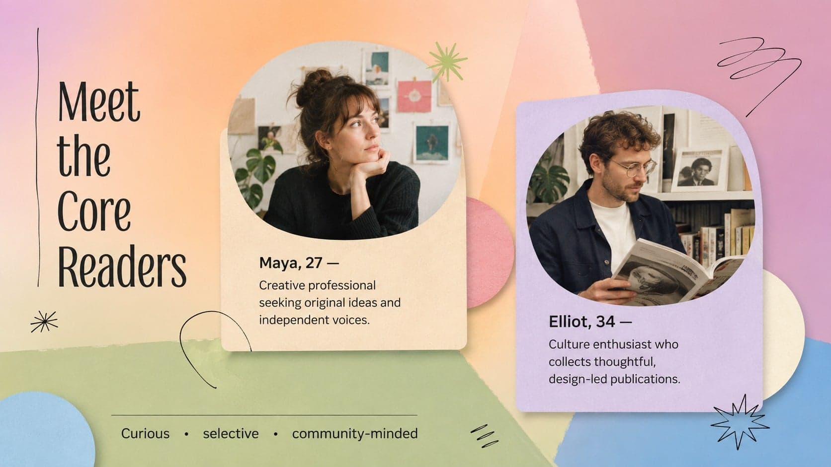 Reader persona slide for a zine publishing pitch presentation with pastel collage portraits and audience insights.