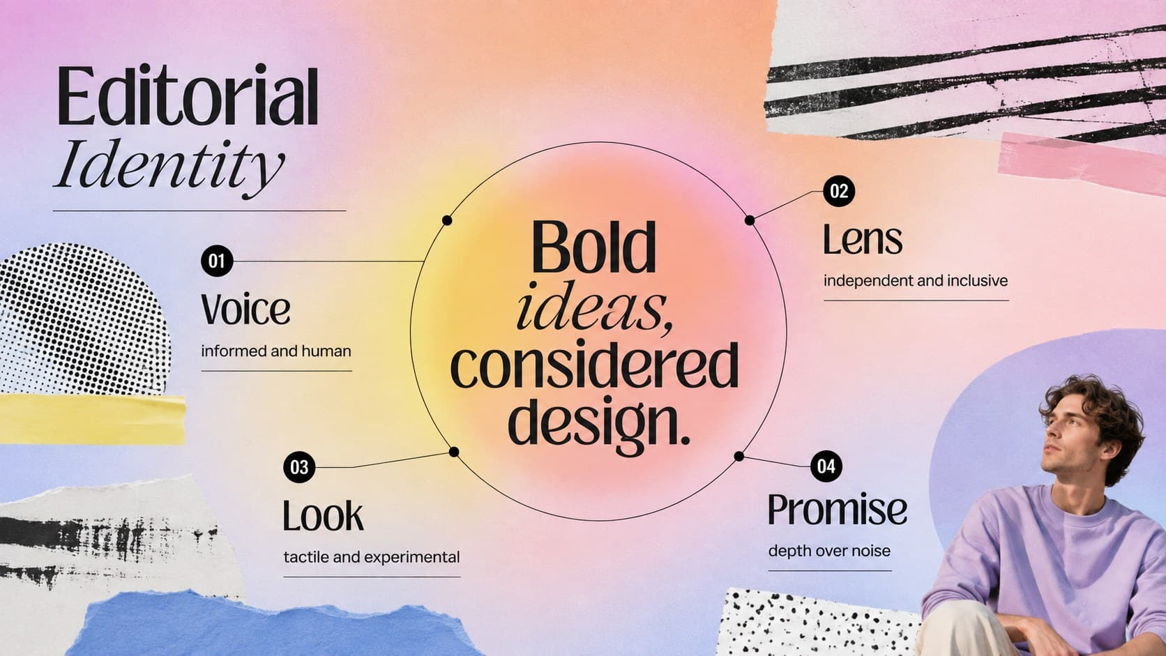 Editorial brand strategy presentation slide showing voice, visual identity, and guiding principles.