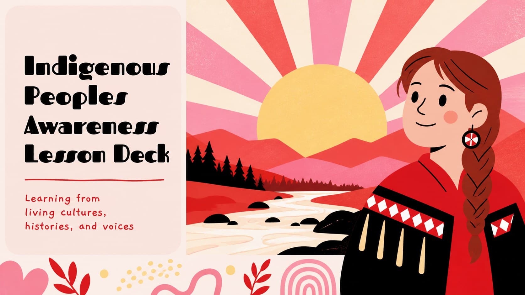 Cover slide for an indigenous peoples awareness lesson deck with bold illustrated lettering and red, pink, and black cultural motifs.