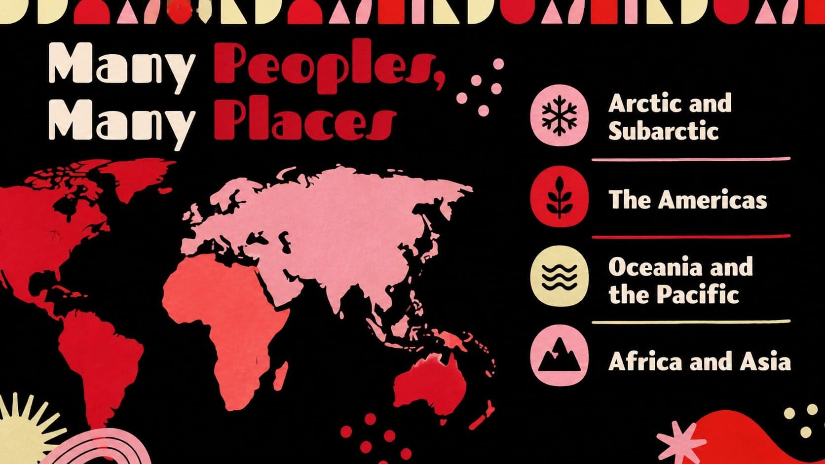 World map slide introducing Indigenous communities across regions for a global Indigenous history lesson.
