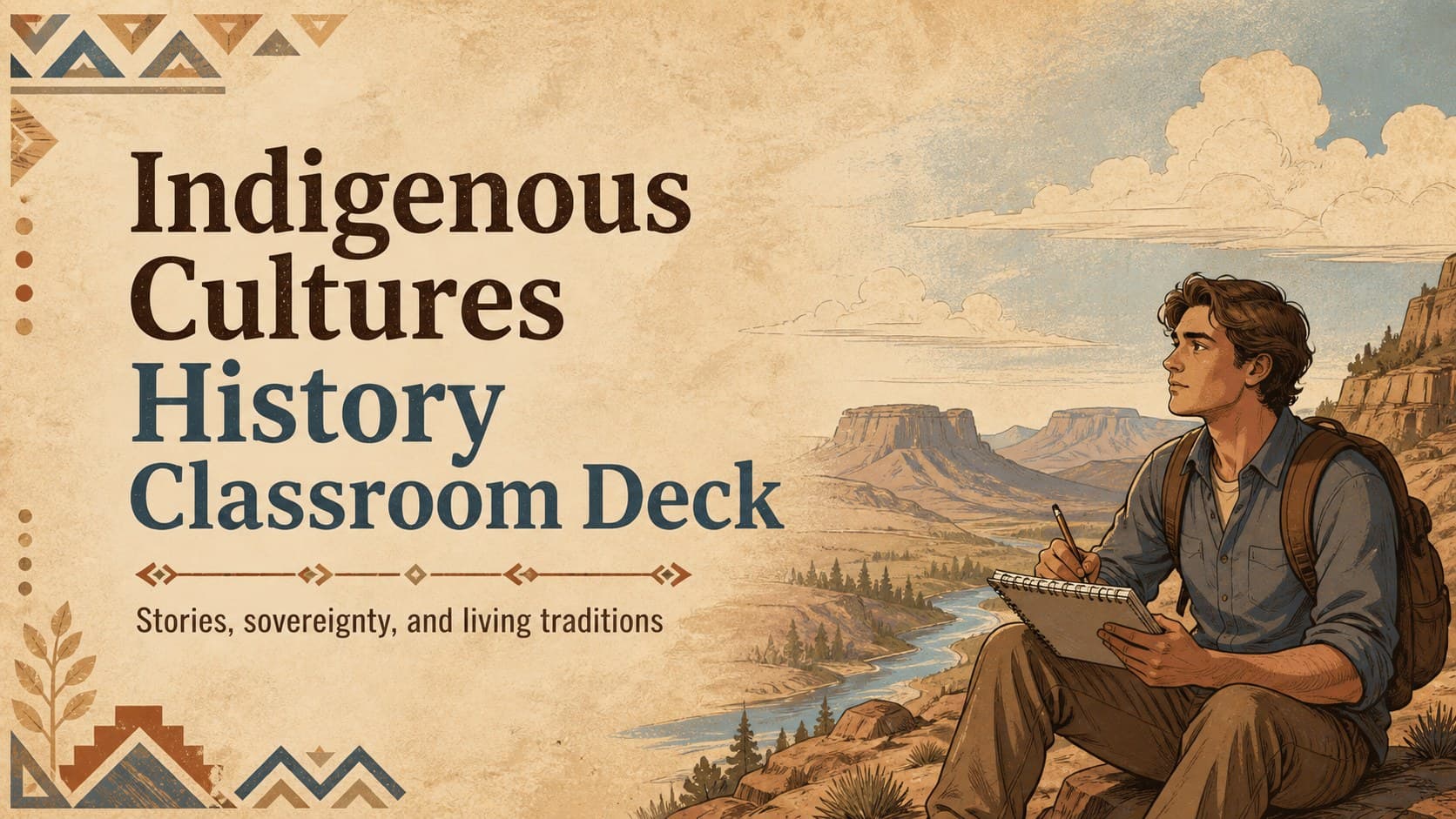 Cover of an Indigenous cultures history classroom deck with brown and blue heritage-inspired illustrations.