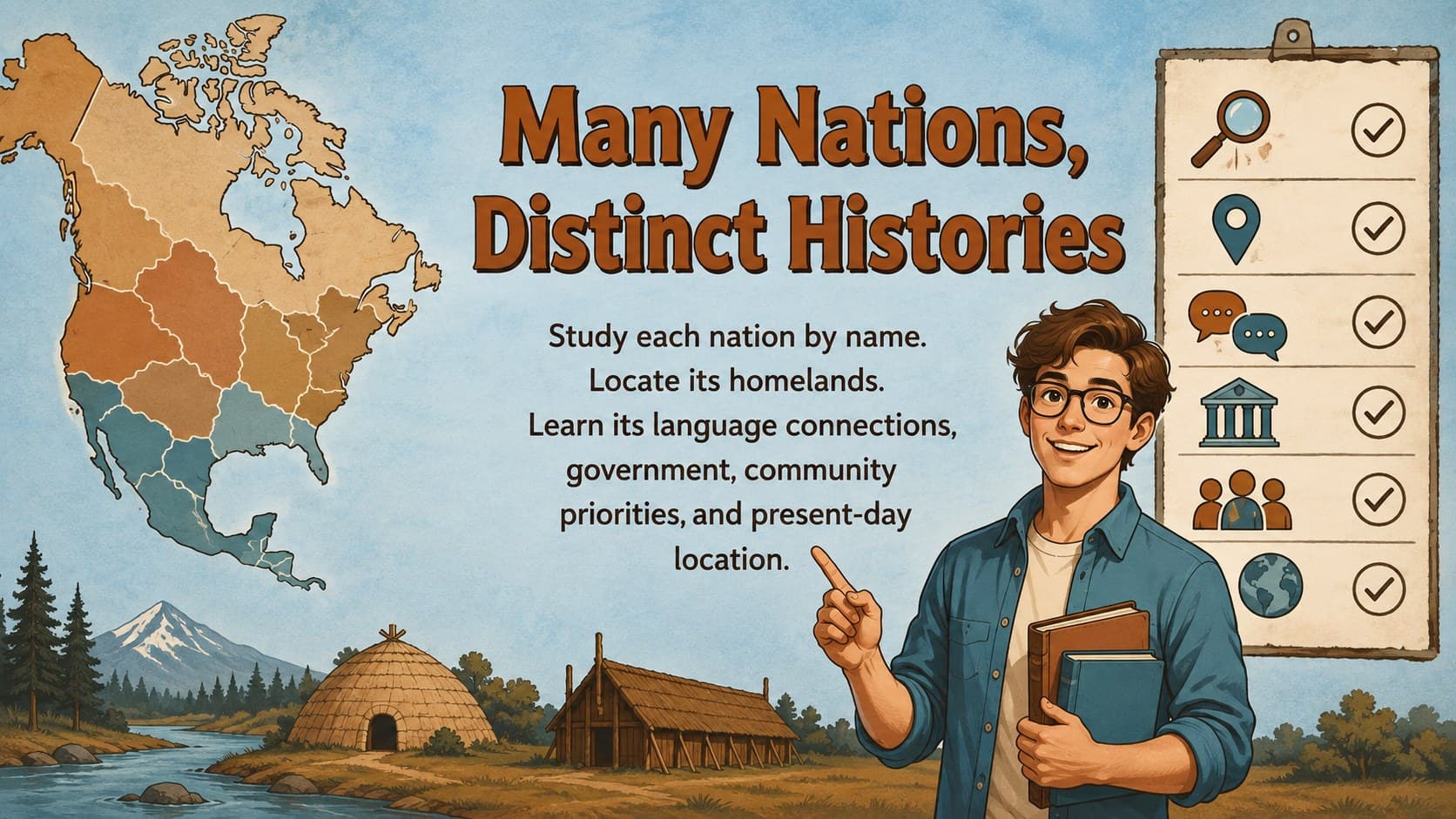 Native nations diversity slide with a regional map and nation-specific research prompts.