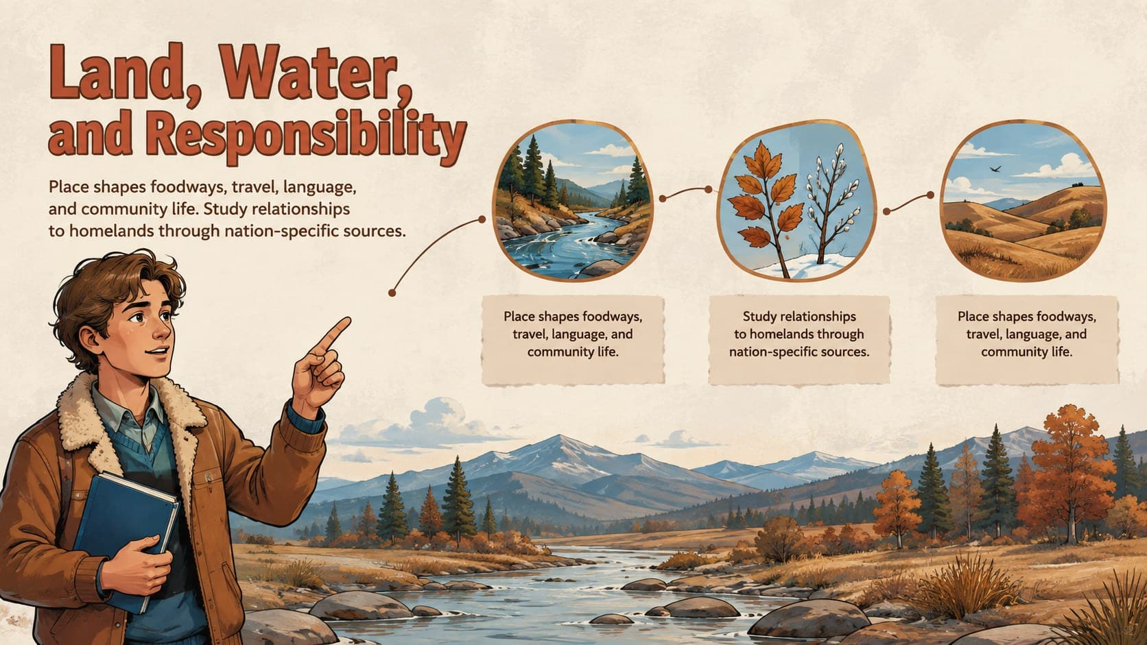 Indigenous cultures lesson slide exploring relationships among land, water, seasons, and community.