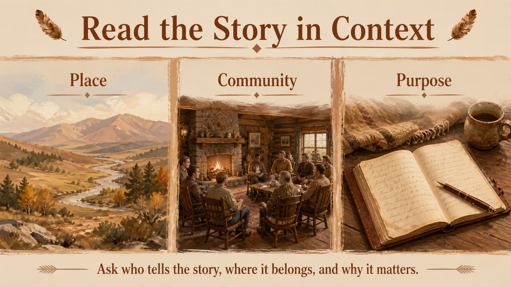 Folklore context slide showing a classroom-friendly framework for story, place, and community.