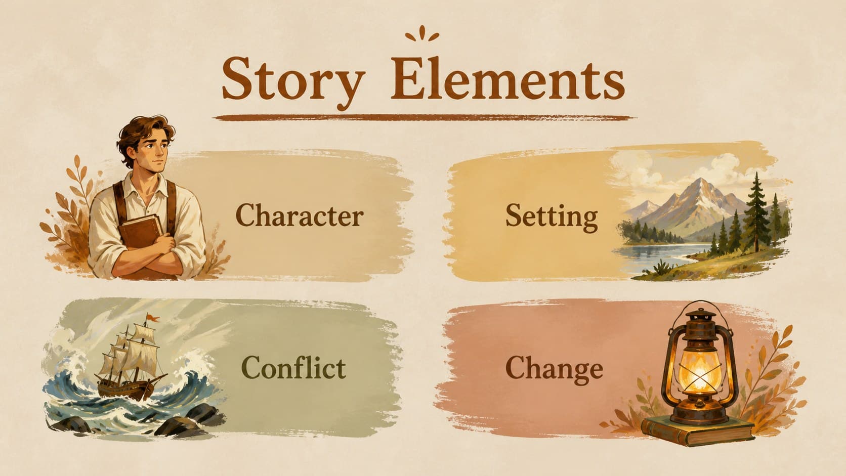 Story elements slide for analyzing characters, setting, conflict, and change in folklore.