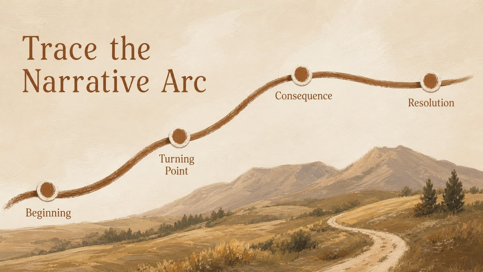 Narrative arc slide mapping beginning, turning point, consequence, and resolution for a folklore story.