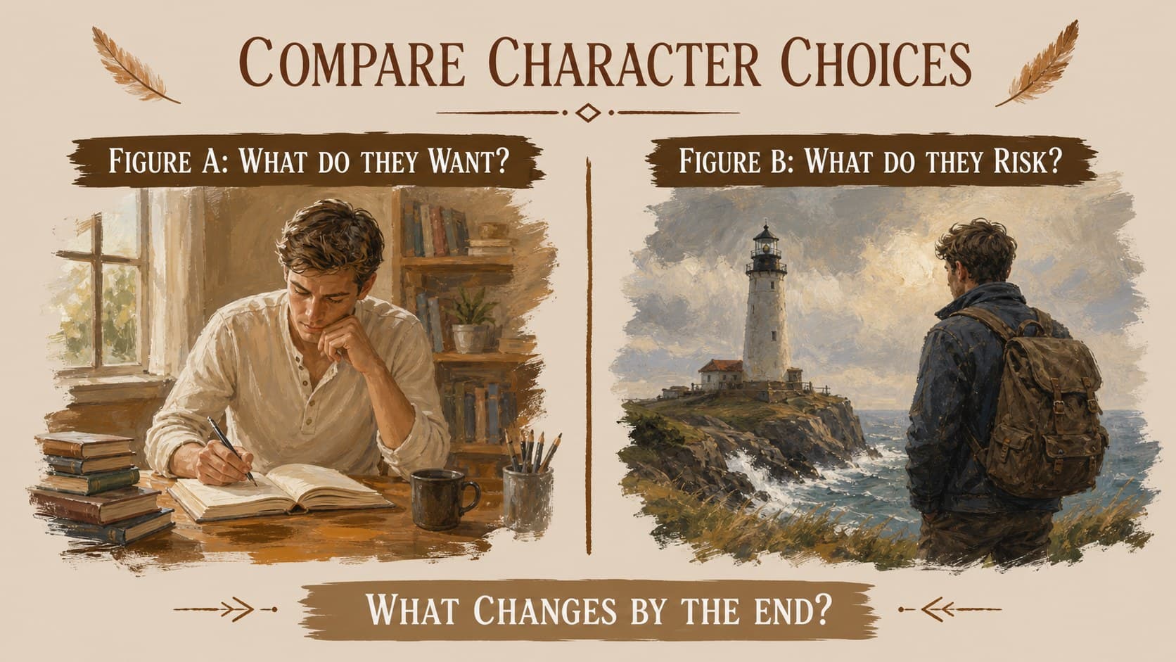 Character comparison slide contrasting two folklore figures through traits, choices, and outcomes.