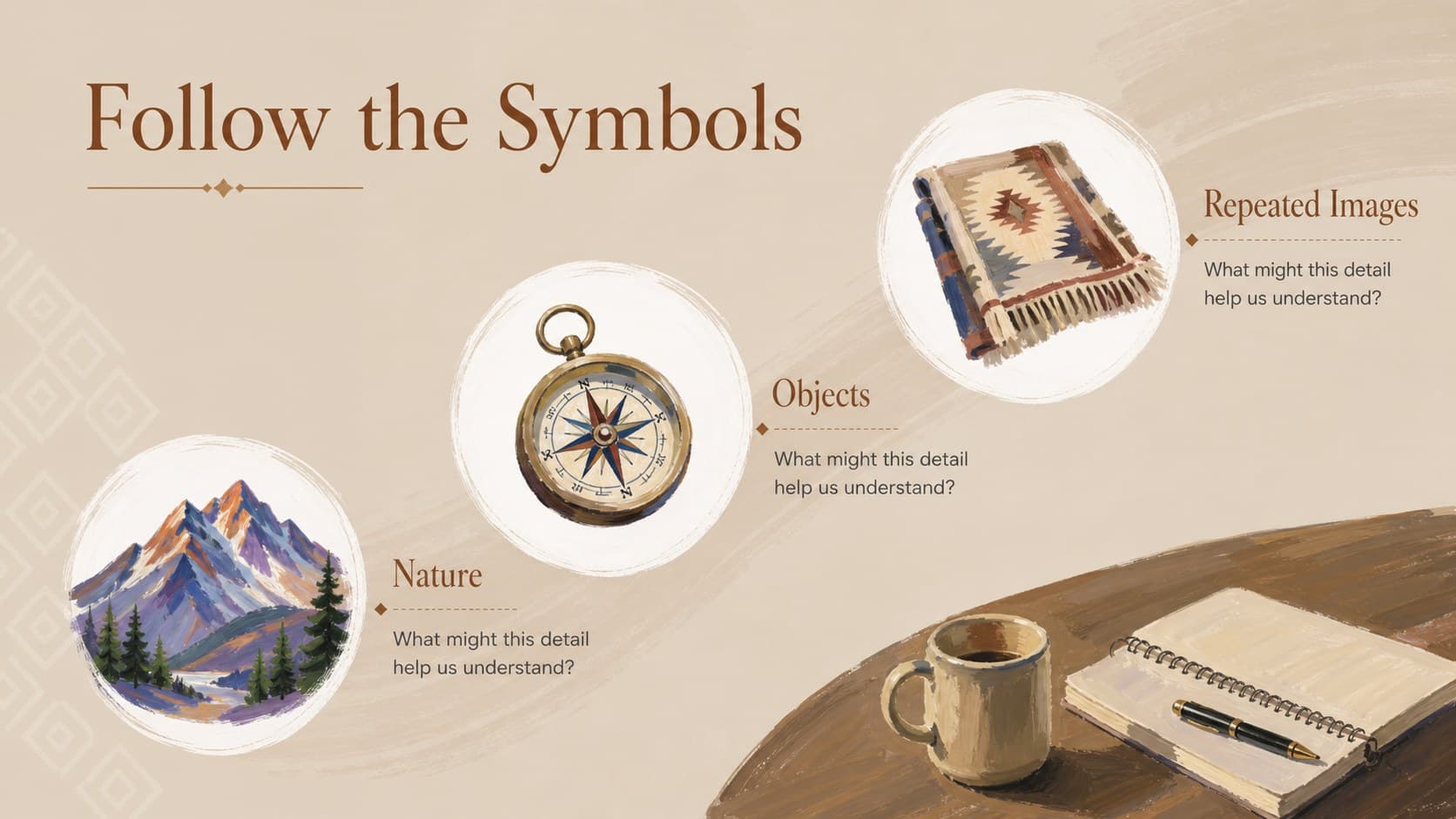 Symbolism slide presenting nature, objects, and repeated images as clues for literary interpretation.