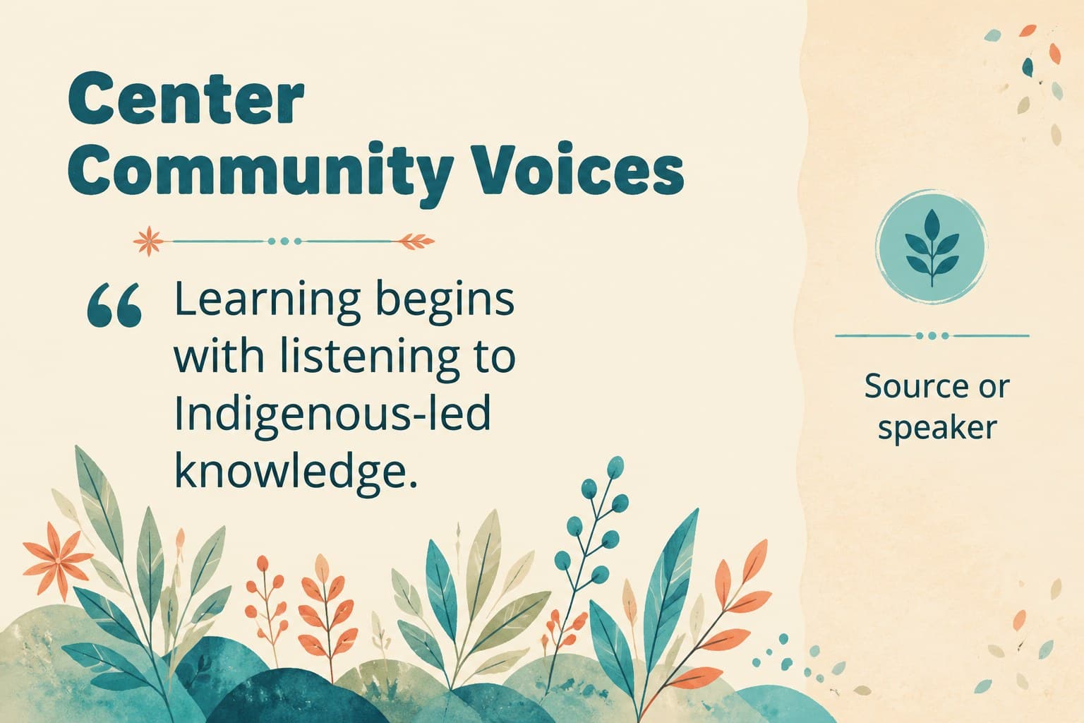 Cultural heritage education presentation slide with space for community voices.