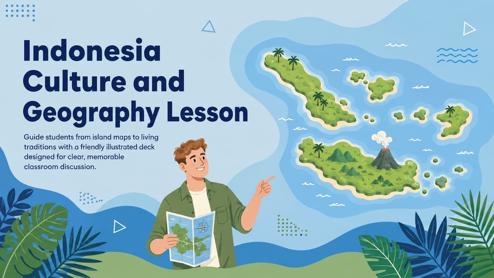 Cover for an Indonesia culture and geography lesson with island, leaf, ocean, and landmark illustrations in blue and green.