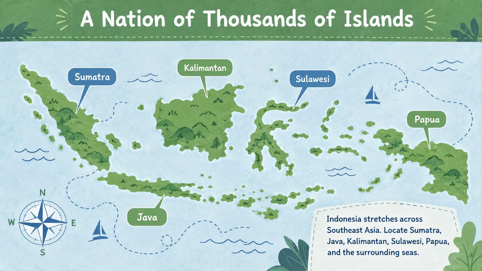 Indonesia archipelago classroom presentation slide locating Sumatra, Java, Kalimantan, Sulawesi, and Papua.
