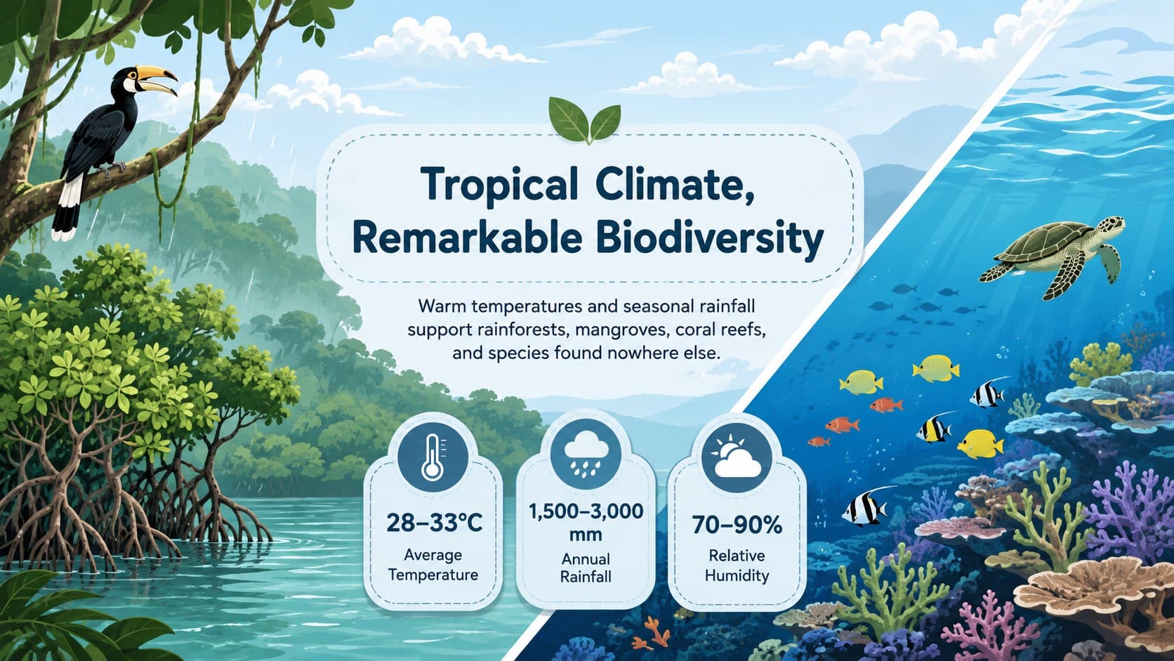Blue and green social studies slide connecting Indonesia's tropical climate with rainforests and marine biodiversity.