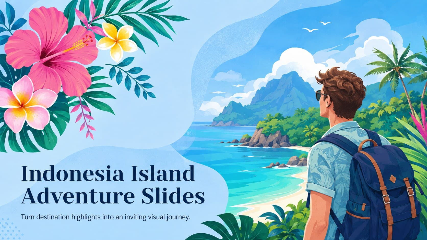 Cover for Indonesia island adventure slides with tropical flowers, blue tones, and illustrated island scenery.