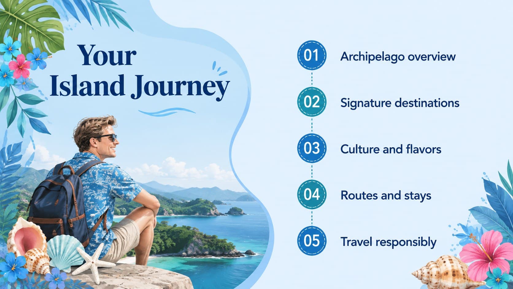 Indonesia travel presentation agenda featuring destination, culture, food, itinerary, and tourism topics.