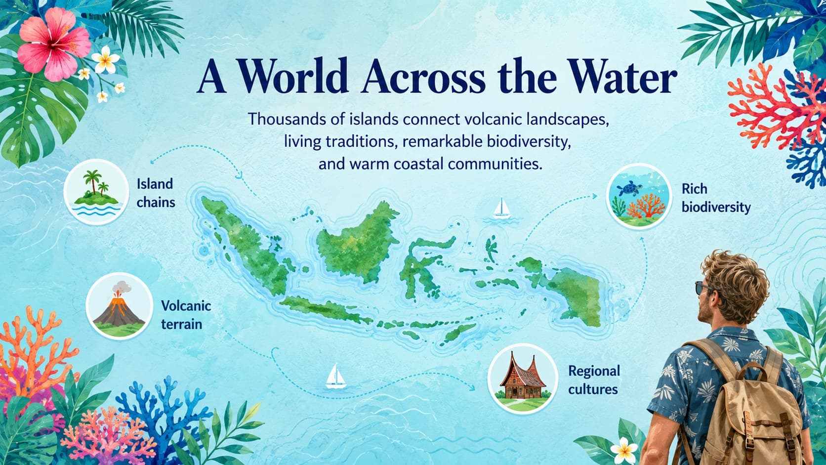 Indonesian archipelago travel deck slide summarizing islands, landscapes, culture, and biodiversity.