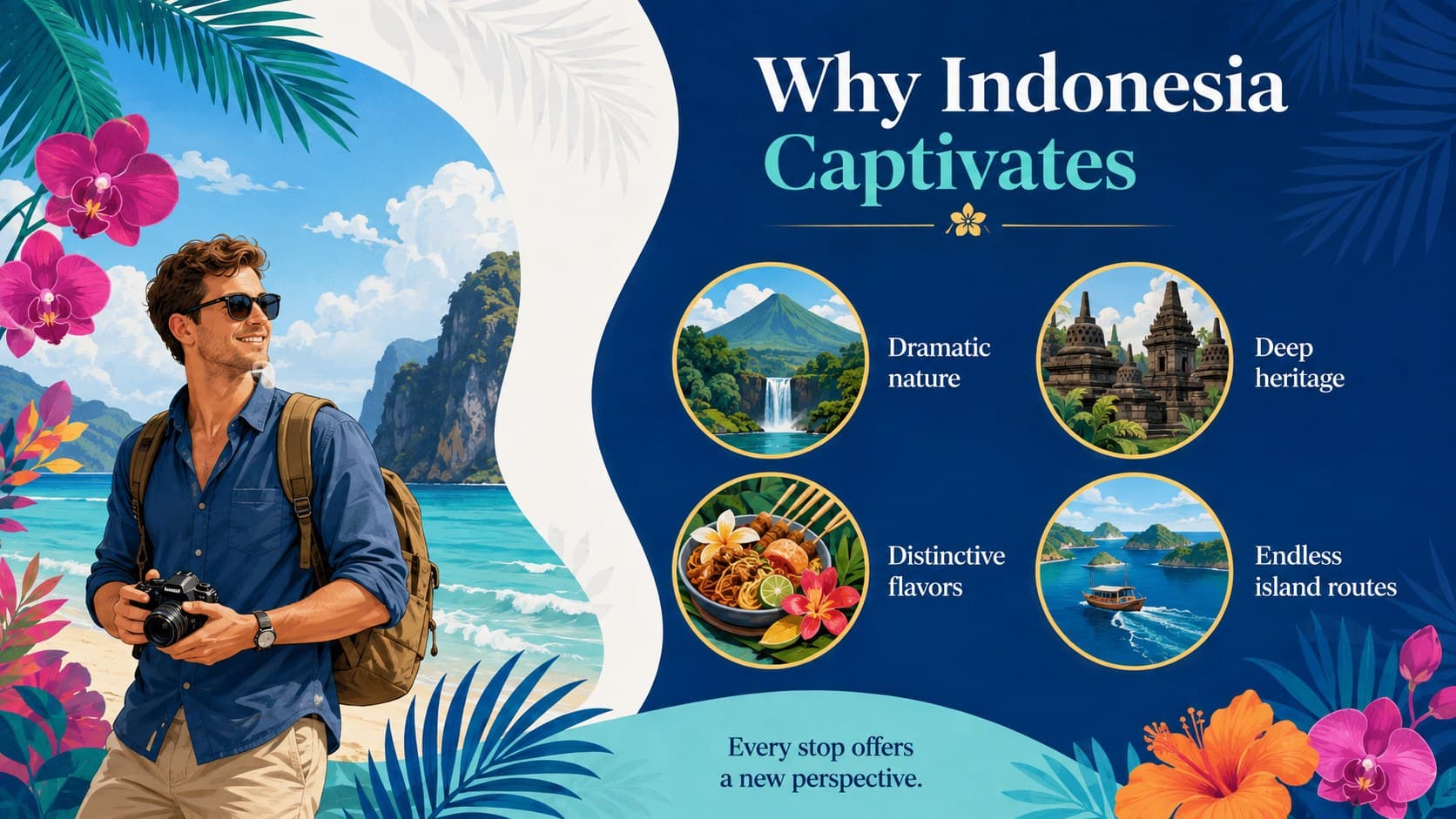 Indonesia tourism presentation template slide highlighting nature, heritage, cuisine, and island routes.