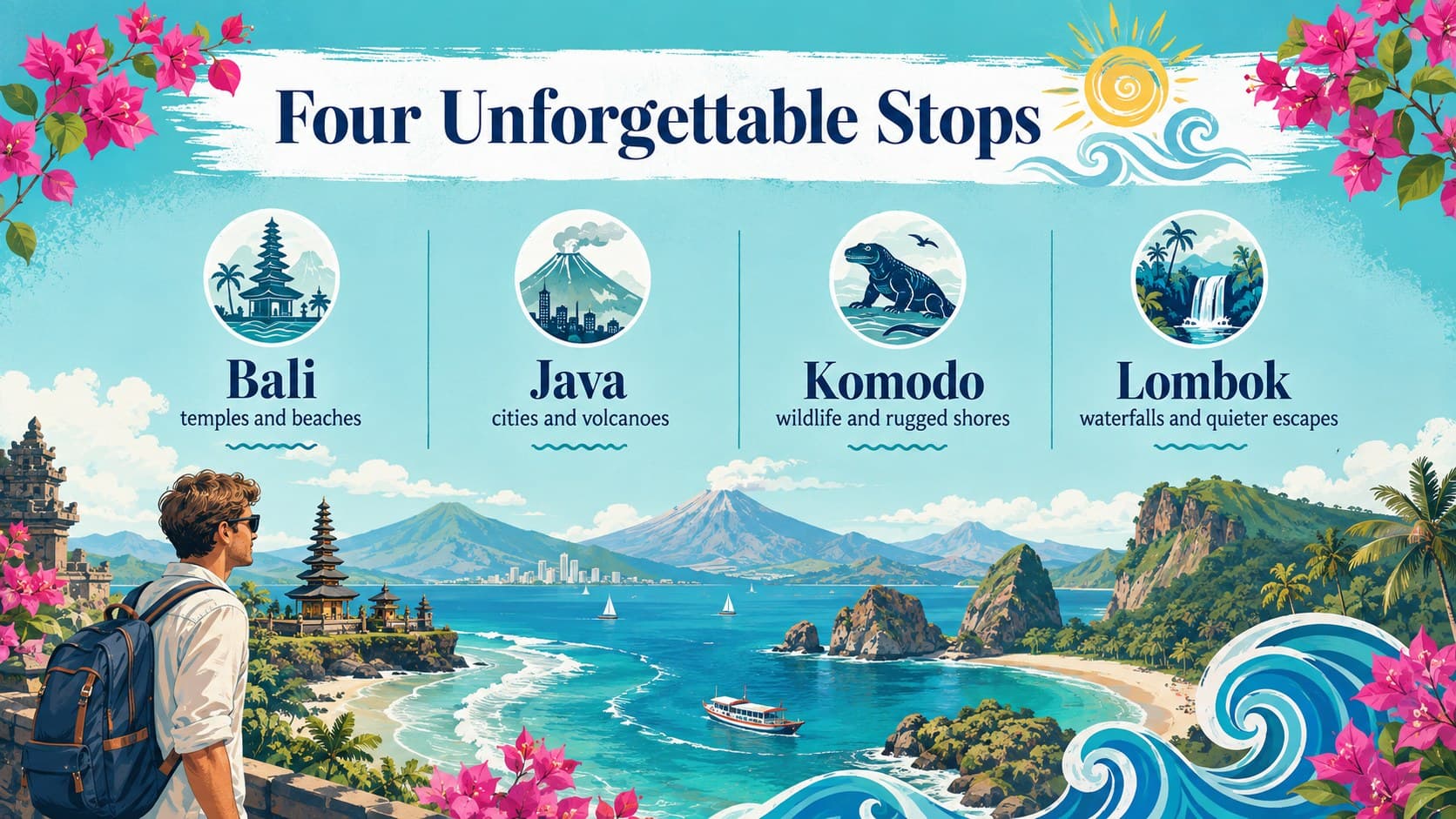 Indonesia destination marketing slide presenting Bali, Java, Komodo, and Lombok highlights.