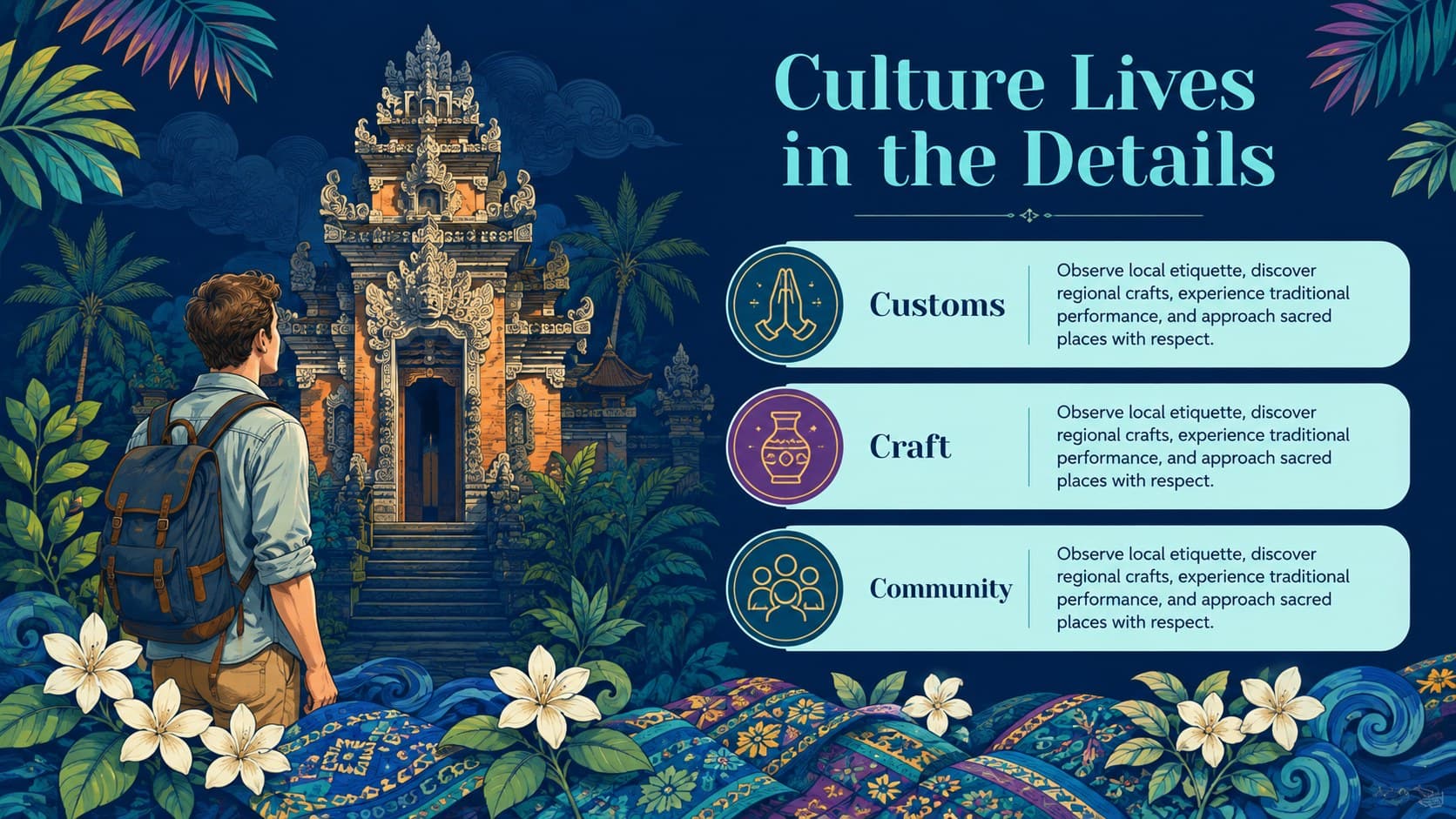 Indonesia cultural travel presentation slide with traditions, crafts, architecture, and community etiquette.