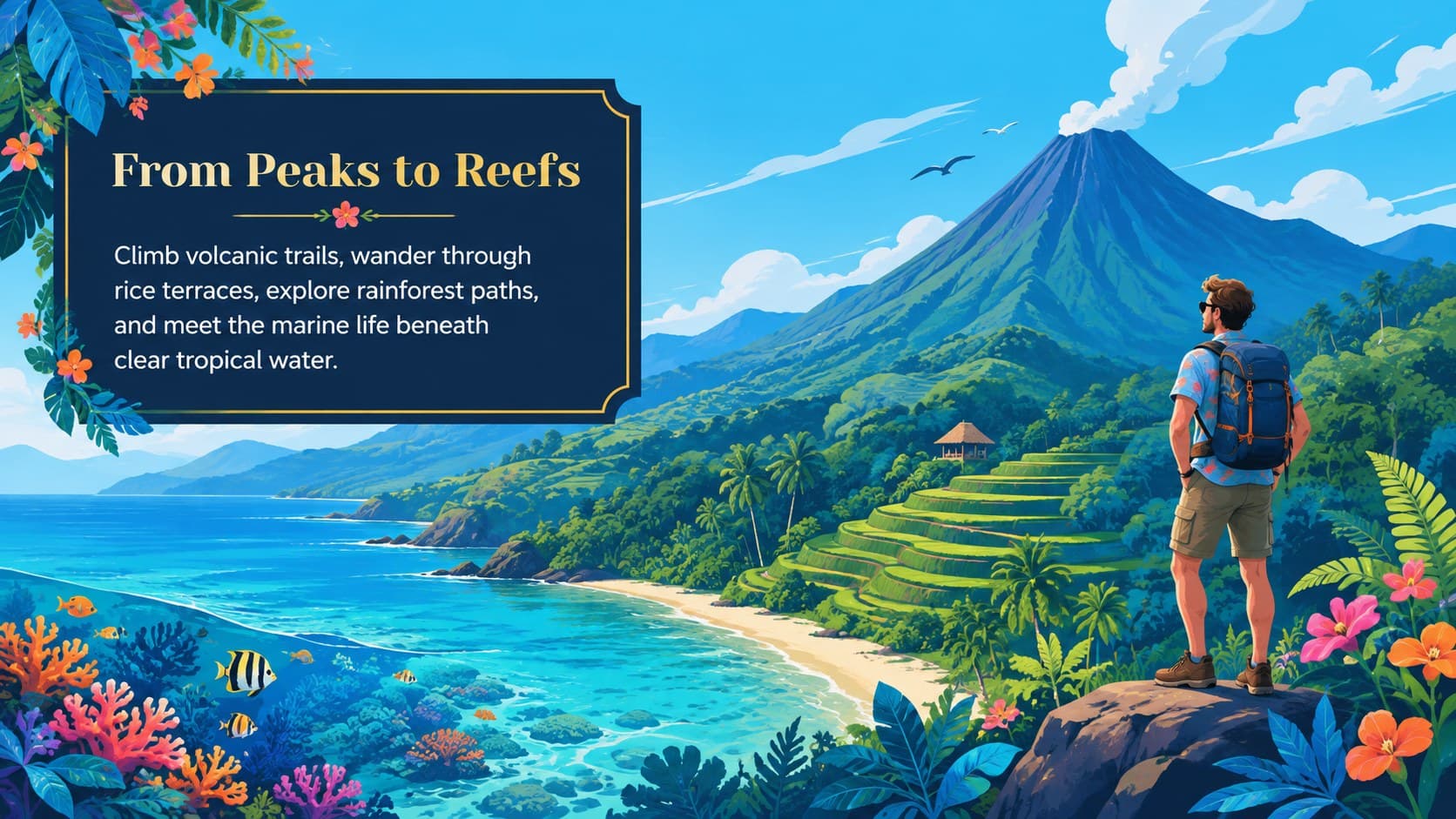 Tropical Indonesia travel slide showcasing volcanoes, rice terraces, coral reefs, and rainforests.