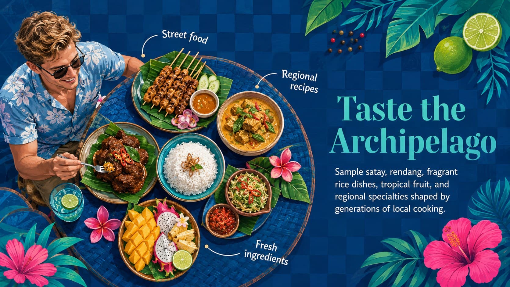Indonesian food tourism slide featuring satay, rendang, rice dishes, fruit, and regional flavors.