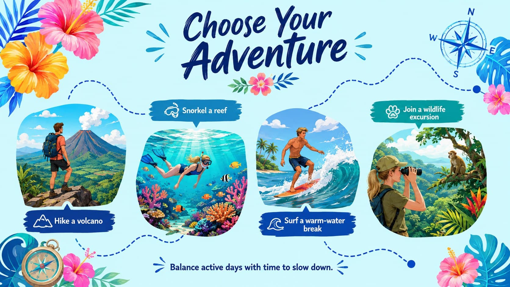 Indonesia adventure itinerary slide listing hiking, snorkeling, surfing, and wildlife excursions.