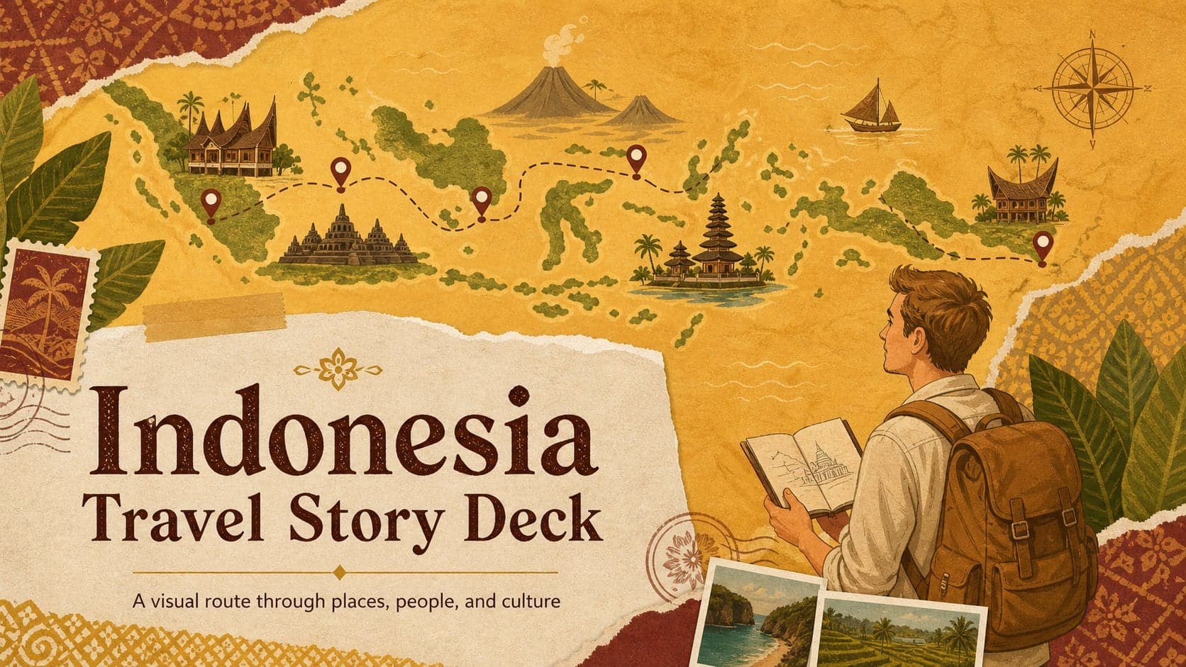 Cover slide introducing an Indonesia travel story deck with warm gold scrapbook illustrations and a destination journal mood.