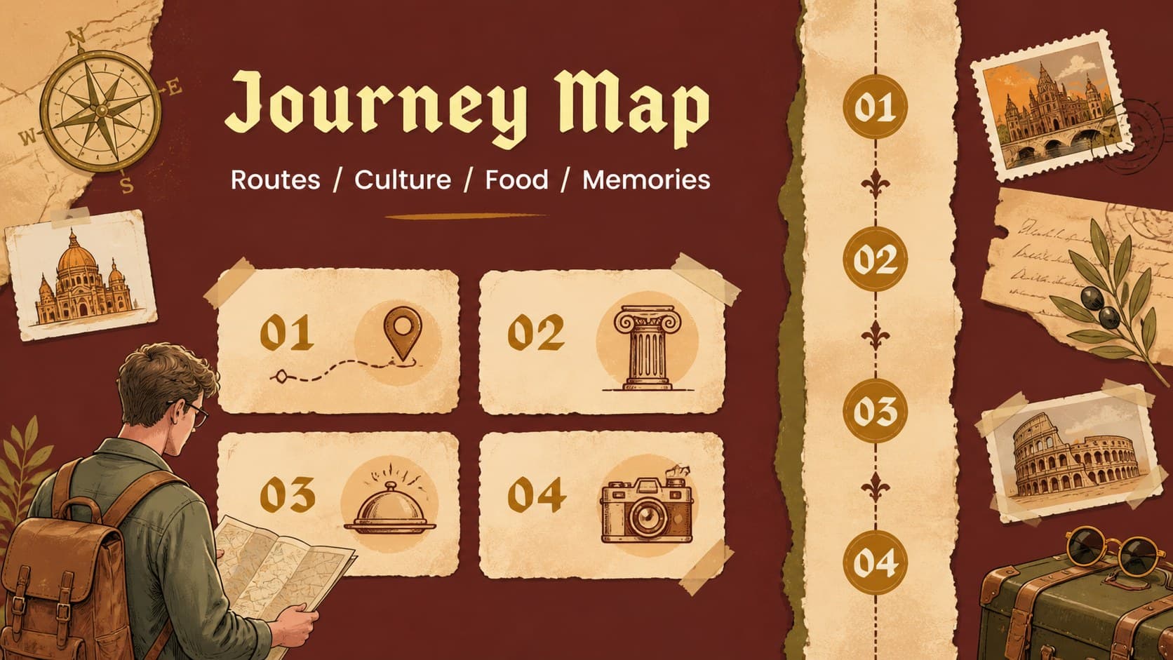 Agenda slide outlining an Indonesia travel presentation template with sections for routes, culture, food, and places.