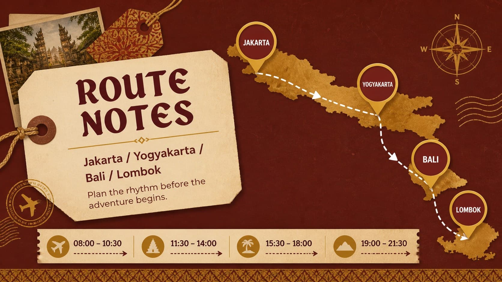 Travel route slide showing a scrapbook-style Indonesia itinerary with connected destinations and timing notes.