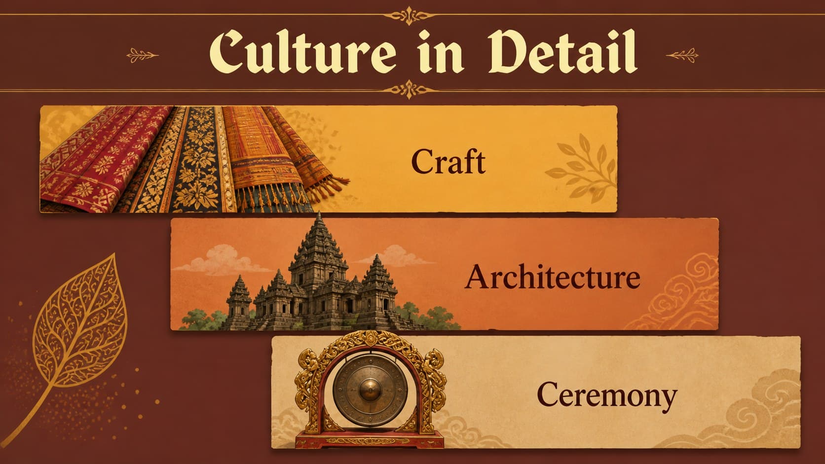 Cultural highlights slide presenting Indonesian traditions and landmarks in illustrated gold scrapbook panels.