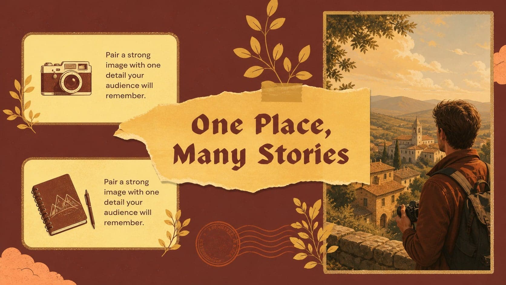 Photo story slide for Indonesian culture travel slides with a large image area and handwritten-style captions.