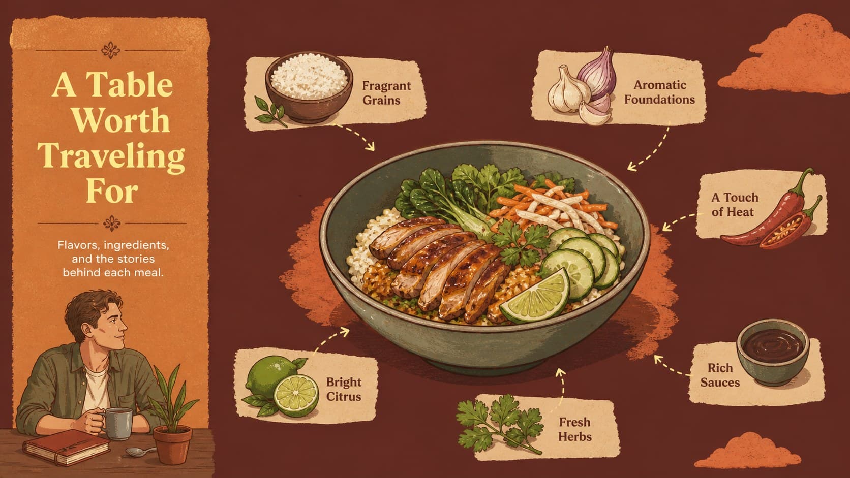 Indonesian food feature slide with illustrated dish callouts and warm gold editorial travel styling.