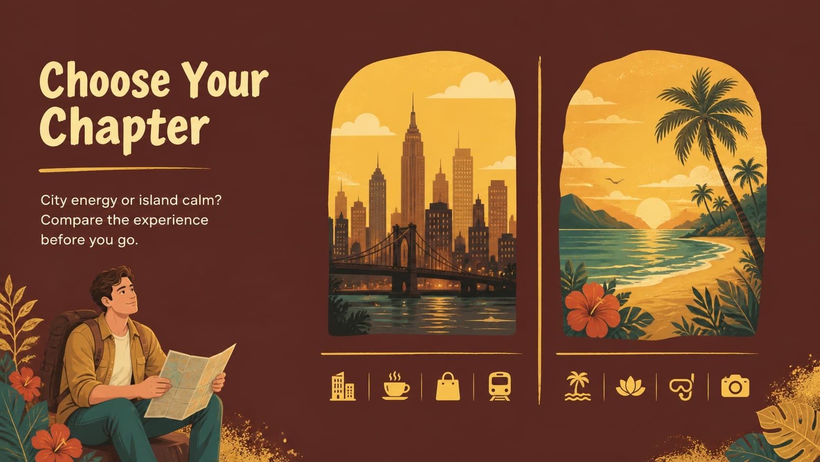 Destination comparison slide comparing Indonesian stops with illustrated icons, notes, and gold scrapbook accents.