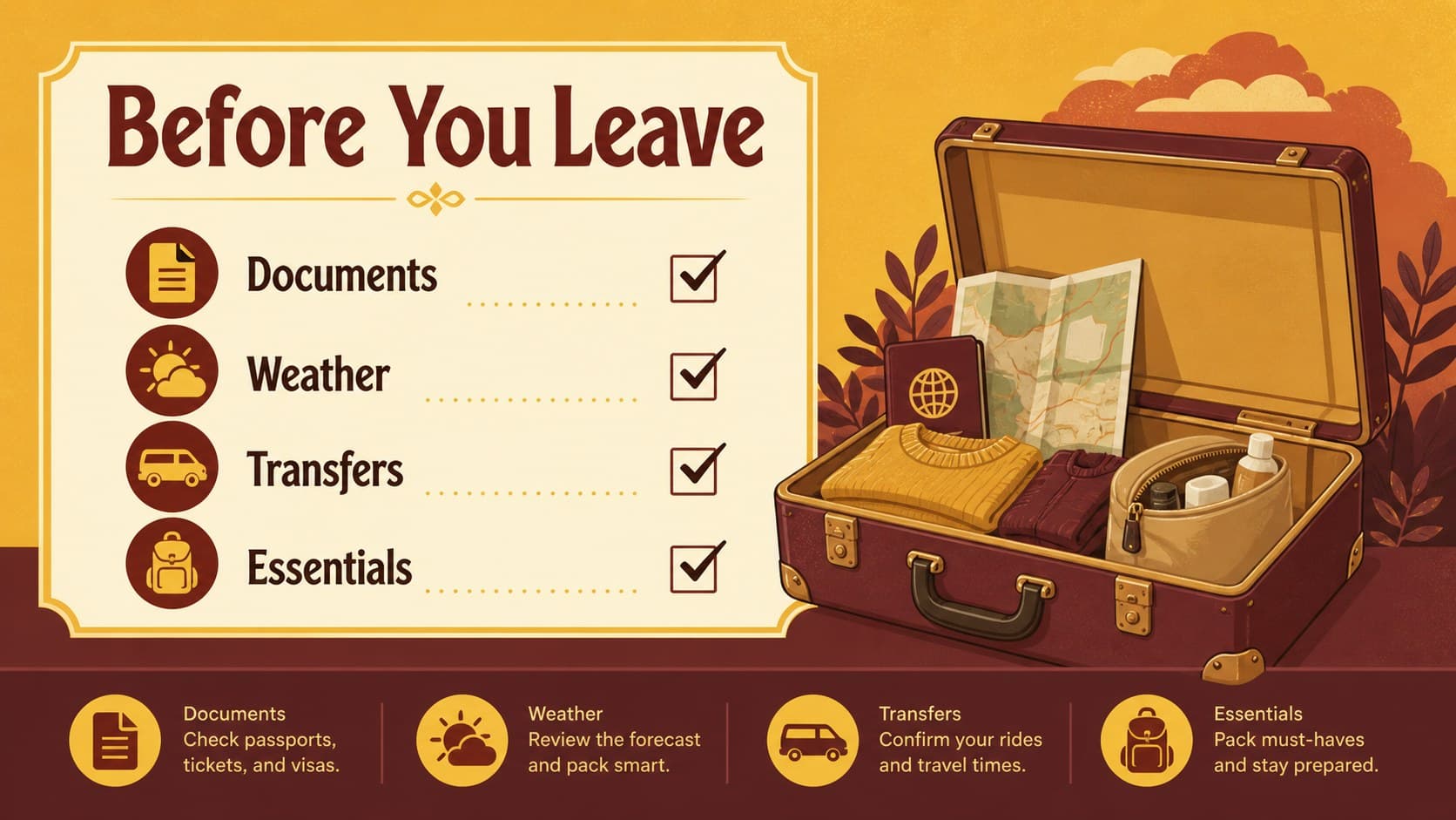 Travel planning checklist slide for an Indonesia itinerary briefing with illustrated packing and preparation details.
