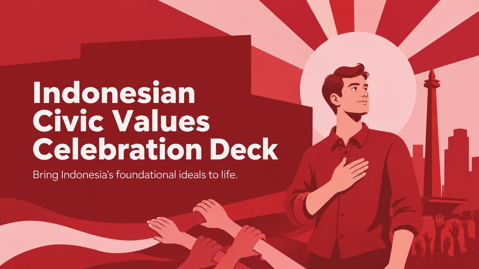 Cover of an Indonesian civic values celebration deck featuring bold red-and-pink illustrations for Pancasila Day.