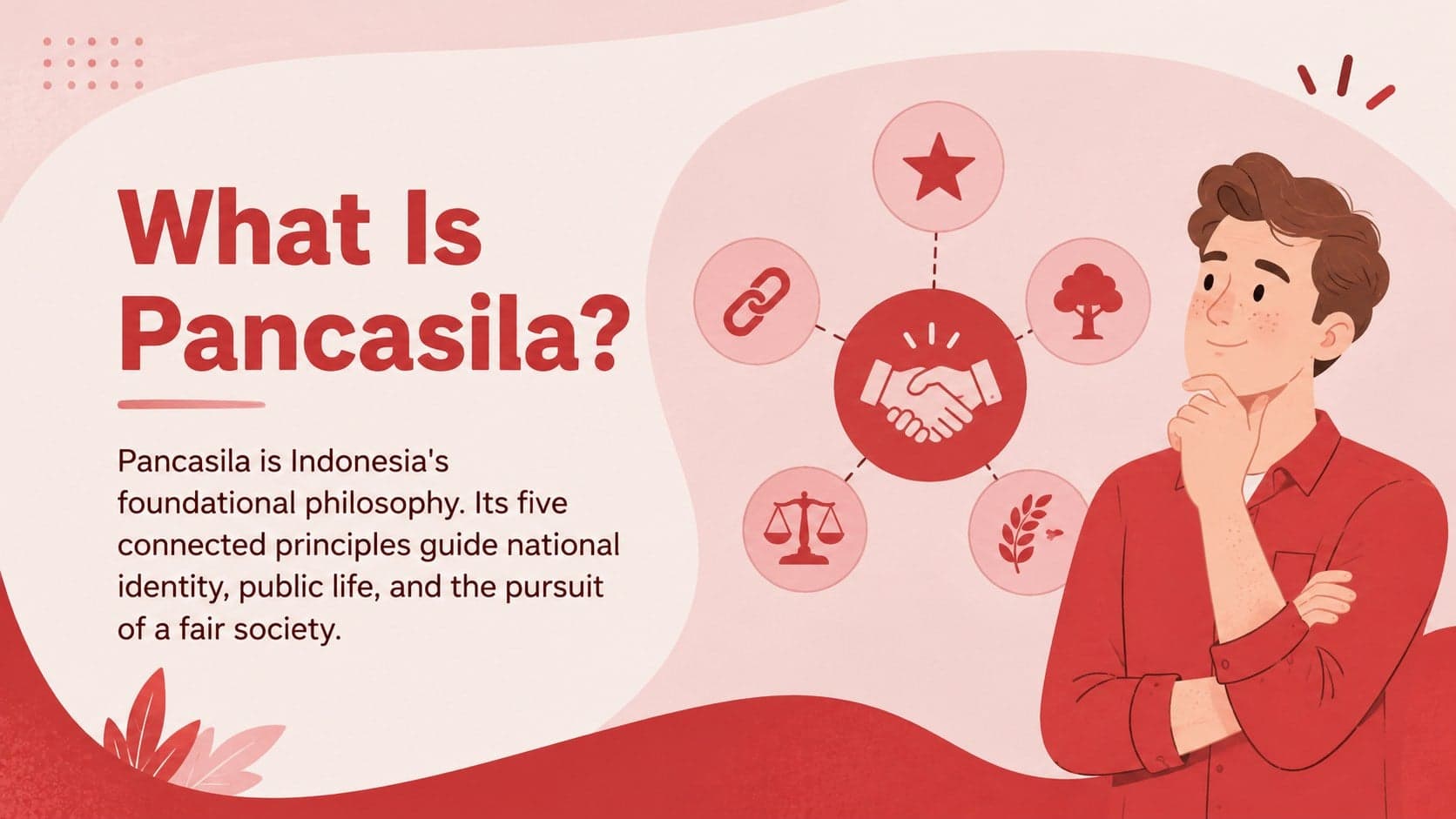Illustrated educational slide explaining Pancasila as the foundation of Indonesian civic values.