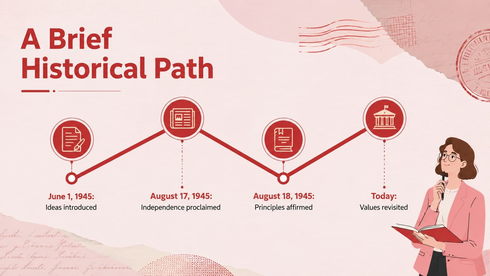 Red-and-pink timeline showing key milestones in the history of Pancasila and Indonesian independence.