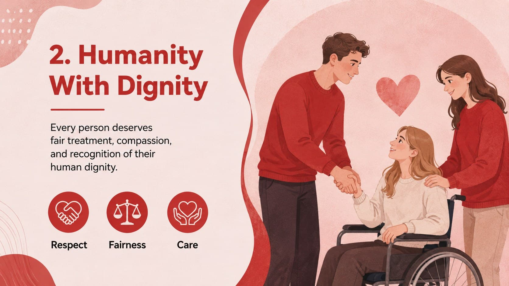 Illustrated civic values slide about dignity, fairness, and civilized humanity in Pancasila.