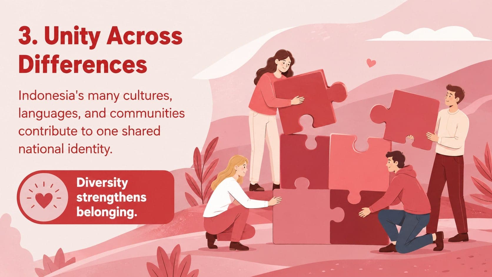 Red-and-pink social studies slide presenting unity in diversity as a Pancasila principle.