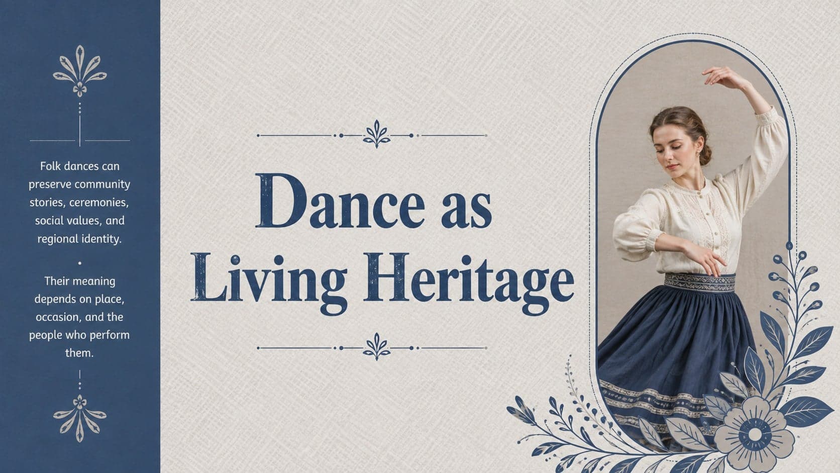 Indonesian culture lesson slide explaining how folk dance carries community memory.