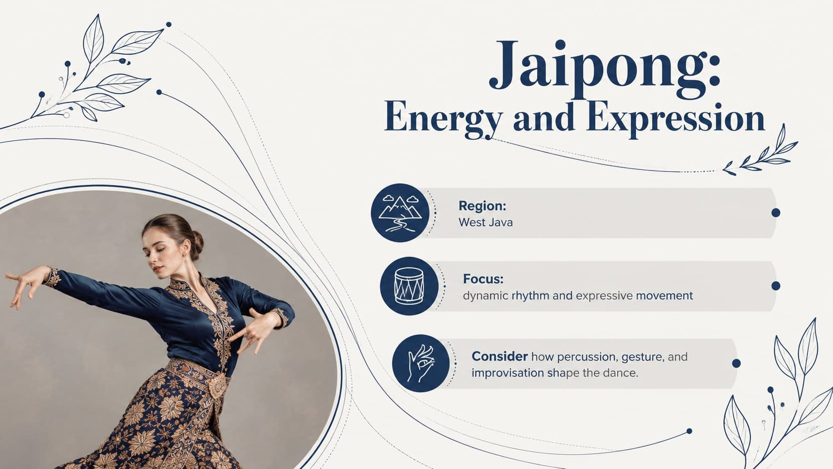 Jaipong dance teaching slide describing energy, rhythm, and improvisation.