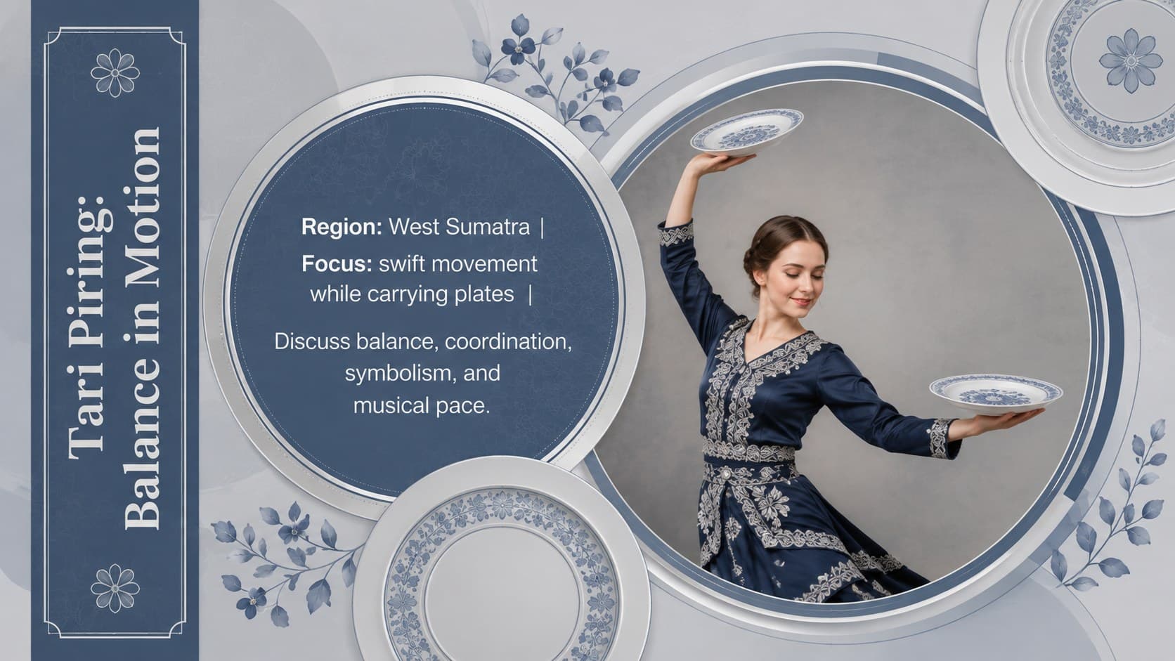 Tari Piring lesson slide examining movement and plate symbolism in Indonesian dance.
