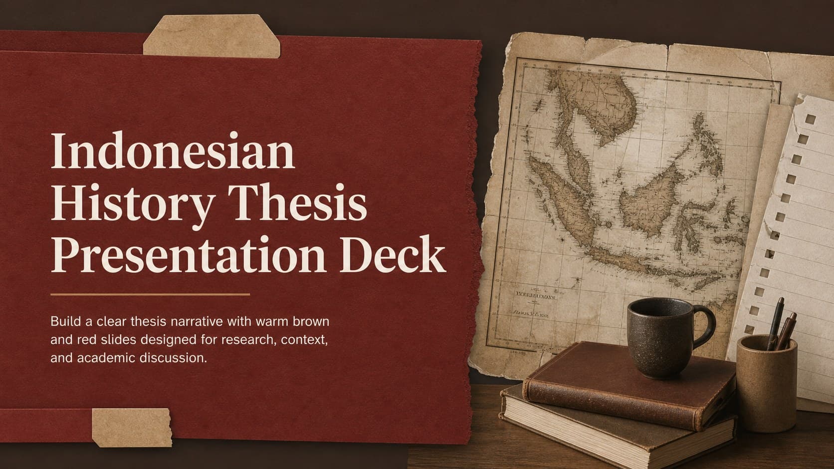 Cover slide for an Indonesian history thesis presentation with a bold red title on a warm brown notebook-inspired background.