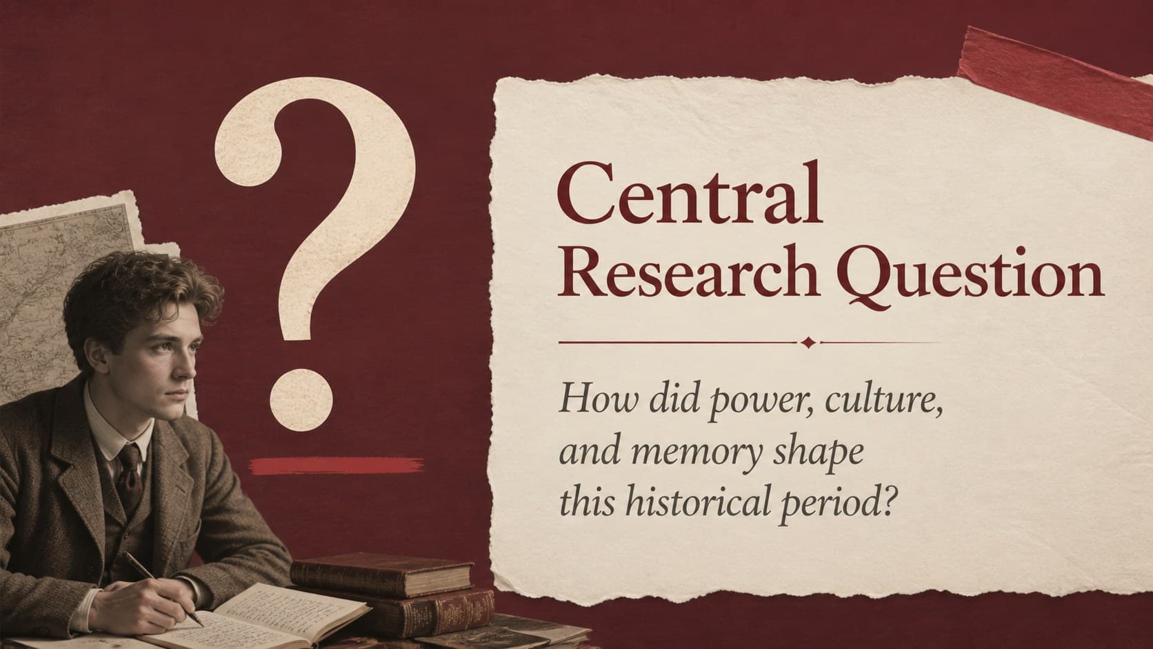 Research question slide showing the central inquiry for an Indonesian history thesis presentation.