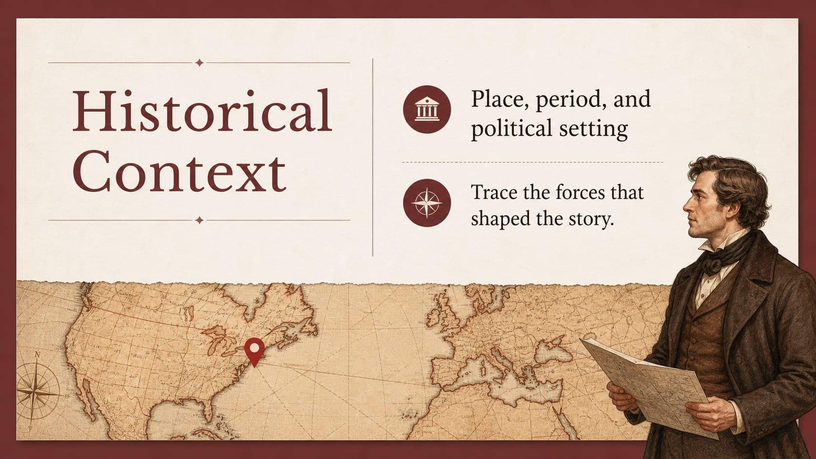 Historical context slide introducing Indonesia through a layered map and period overview.