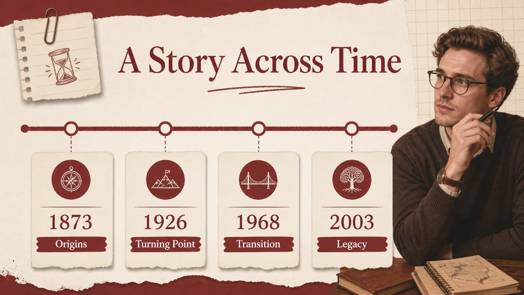 Timeline slide tracing major milestones in an Indonesian history research narrative.